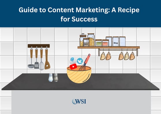Visual metaphor showing a guide to content marketing as a recipe using blog, SEO, email, and social media tools.